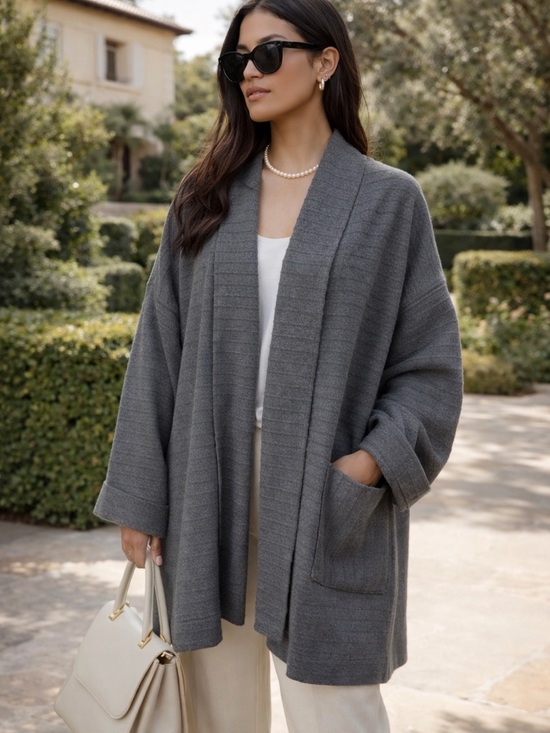 Kenae Sweaters - VINTAGE KANAE Luxury Minimalist OversizedTextured Gray Wool Cardigan, M